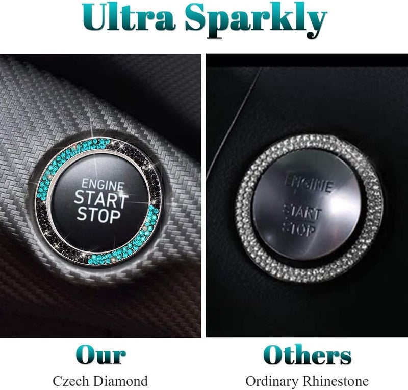 ToBeQueen Teal Push Start Button Cover Emblem Sticker, Interior Crystal Diamond Rhinestone Blue Bling Car Starter Ring Decoration, Turquoise Bling Car Accessories for Women, Black and Lake Blue - Image 3